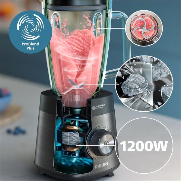 Philips Frullatore con Bicchiere Capacit Ciotola 2 Litri Potenza 1200 Watt con Tritaghiaccio colore Nero e Grigio - HR3041/00