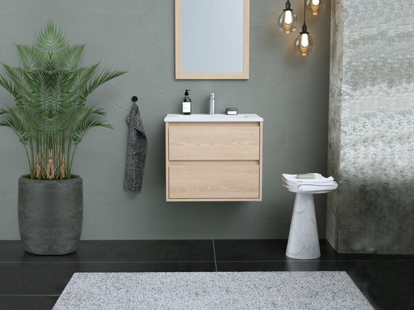 Mobile per bagno sospeso con lavabo da incasso e specchio 60 cm Placcatura rovere - MILIPAM