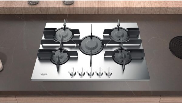 Hotpoint Ariston FTGHL 751D IX Piano Cottura 5 Fuochi a Gas 75 cm Griglie in Ghisa (Bruciatore Direct Flame) colore Inox