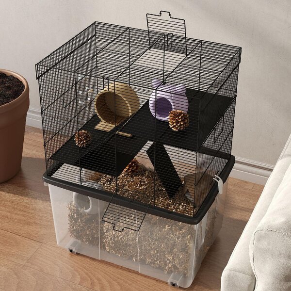 AllMyPets Gabbia per Criceti 3 Piani con Ruote 2 Piattaforme Rampe Ciotola e Bottiglia 58x43x74 cm colore Nero - K635BK