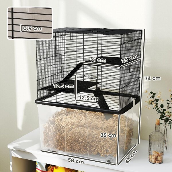 AllMyPets Gabbia per Criceti 3 Piani con Ruote 2 Piattaforme Rampe Ciotola e Bottiglia 58x43x74 cm colore Nero - K635BK