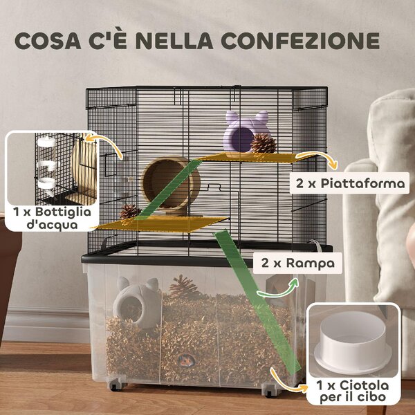 AllMyPets Gabbia per Criceti 3 Piani con Ruote 2 Piattaforme Rampe Ciotola e Bottiglia 58x43x74 cm colore Nero - K635BK