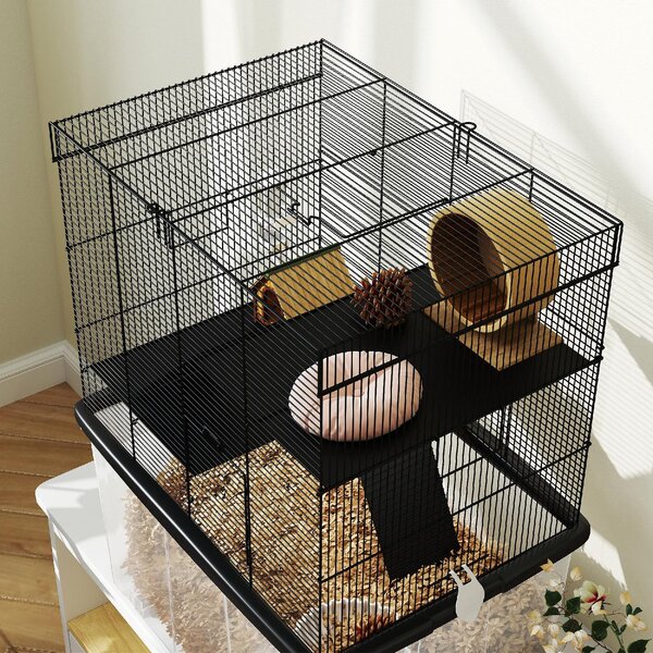 AllMyPets Gabbia per Criceti 3 Piani con Ruote 2 Piattaforme Rampe Ciotola e Bottiglia 58x43x74 cm colore Nero - K635BK