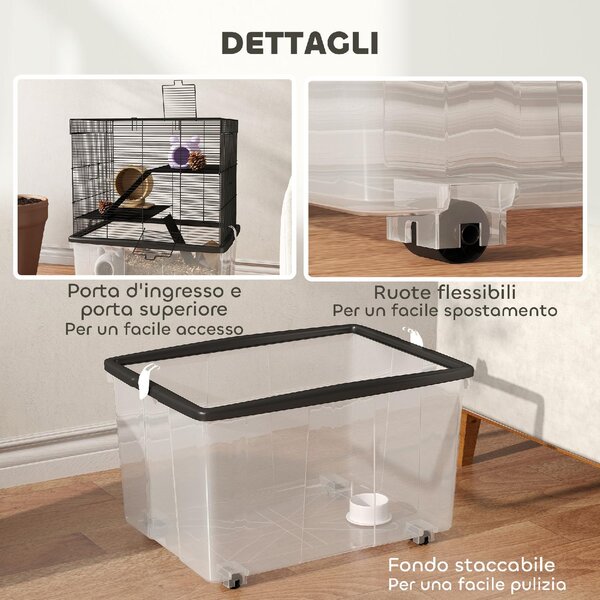 AllMyPets Gabbia per Criceti 3 Piani con Ruote 2 Piattaforme Rampe Ciotola e Bottiglia 58x43x74 cm colore Nero - K635BK