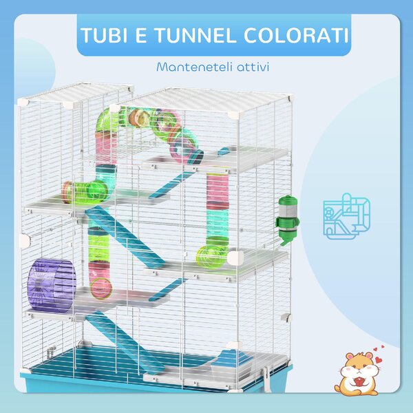 AllMyPets Gabbia per Criceti 6 Livelli con Tunnel, Ruota, Rampe, Casetta, Bottiglia e Ciotola colore Azzurro - 0LBJ592