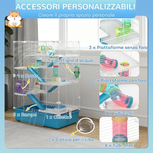 AllMyPets Gabbia per Criceti 6 Livelli con Tunnel, Ruota, Rampe, Casetta, Bottiglia e Ciotola colore Azzurro - 0LBJ592