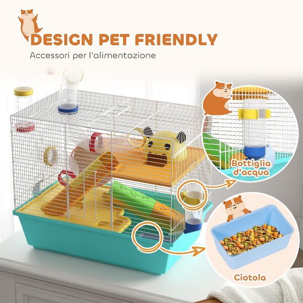 AllMyPets Gabbia per Criceti con Ruota, Casetta, Ciotola, Rampe e Serbatoio in Acciaio, PS e PP 45x28x37 cm colore Bianco e Azzurro