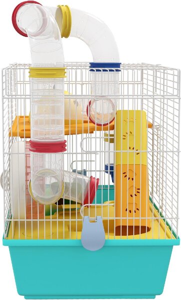AllMyPets Gabbia per Criceti con Ruota, Casetta, Ciotola, Rampe e Serbatoio in Acciaio, PS e PP 45x28x37 cm colore Bianco e Azzurro