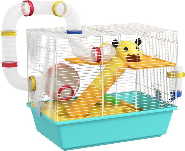 AllMyPets Gabbia per Criceti con Ruota, Casetta, Ciotola, Rampe e Serbatoio in Acciaio, PS e PP 45x28x37 cm colore Bianco e Azzurro