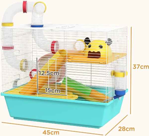AllMyPets Gabbia per Criceti con Ruota, Casetta, Ciotola, Rampe e Serbatoio in Acciaio, PS e PP 45x28x37 cm colore Bianco e Azzurro