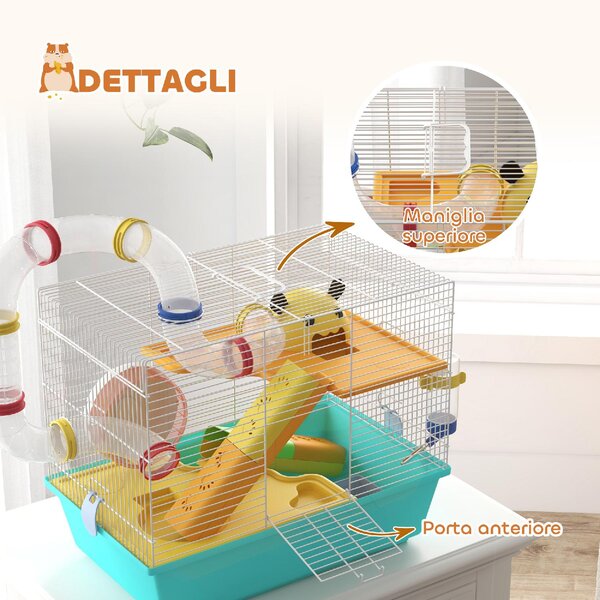 AllMyPets Gabbia per Criceti con Ruota, Casetta, Ciotola, Rampe e Serbatoio in Acciaio, PS e PP 45x28x37 cm colore Bianco e Azzurro