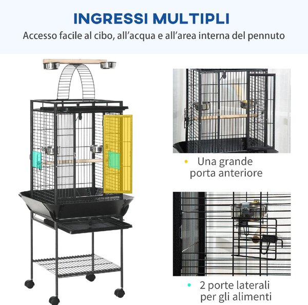 AllMyPets Gabbia per Pappagallini con 2 Posatoi e Scala ad Arco in Acciaio 62.5x62.5x156 cm colore Grigio - DHD1054