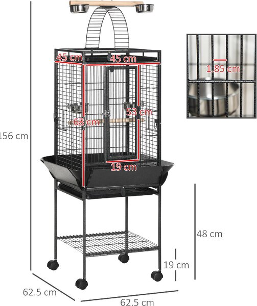 AllMyPets Gabbia per Pappagallini con 2 Posatoi e Scala ad Arco in Acciaio 62.5x62.5x156 cm colore Grigio - DHD1054