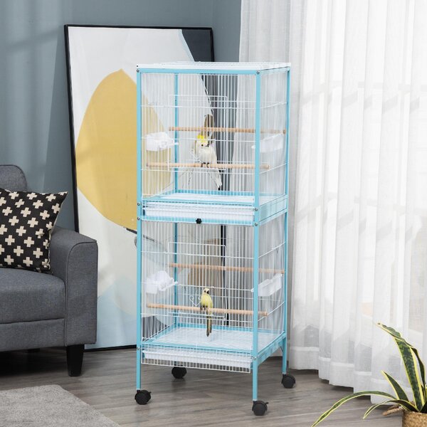 AllMyPets Gabbia per Uccelli 2 in 1 Voliera da Interni con 4 Ruote e Vassoi Estraibili 51.5x50x140cm