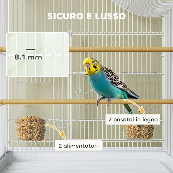 AllMyPets Gabbia per Uccelli a 4 Porte con 2 Ciotole, 2 Posatoi e Vassoio in Metallo e Plastica 47.5x36x54.5 cm colore Bianco