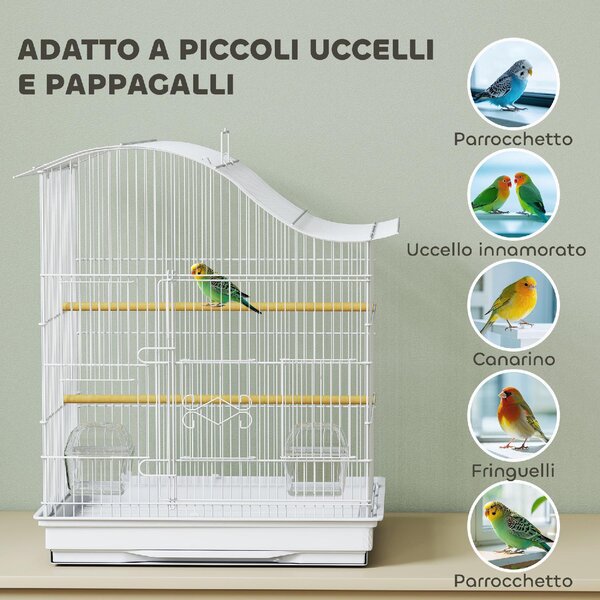 AllMyPets Gabbia per Uccelli a 4 Porte con 2 Ciotole, 2 Posatoi e Vassoio in Metallo e Plastica 47.5x36x54.5 cm colore Bianco