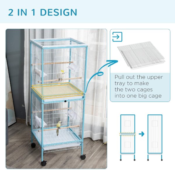 AllMyPets Gabbia per Uccelli 2 in 1 Voliera da Interni con 4 Ruote e Vassoi Estraibili 51.5x50x140cm