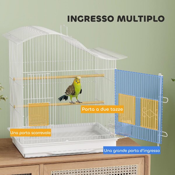AllMyPets Gabbia per Uccelli a 4 Porte con 2 Ciotole, 2 Posatoi e Vassoio in Metallo e Plastica 47.5x36x54.5 cm colore Bianco
