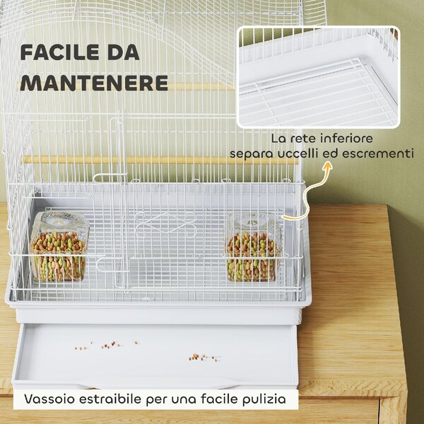 AllMyPets Gabbia per Uccelli a 4 Porte con 2 Ciotole, 2 Posatoi e Vassoio in Metallo e Plastica 47.5x36x54.5 cm colore Bianco