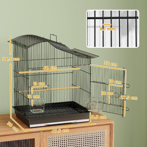 AllMyPets Gabbia per Uccelli a 4 Porte con 2 Ciotole, 2 Posatoi e Vassoio in Metallo e Plastica 47.5x36x54.5 cm colore Nero
