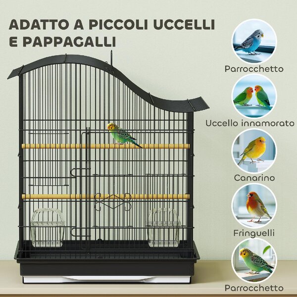 AllMyPets Gabbia per Uccelli a 4 Porte con 2 Ciotole, 2 Posatoi e Vassoio in Metallo e Plastica 47.5x36x54.5 cm colore Nero