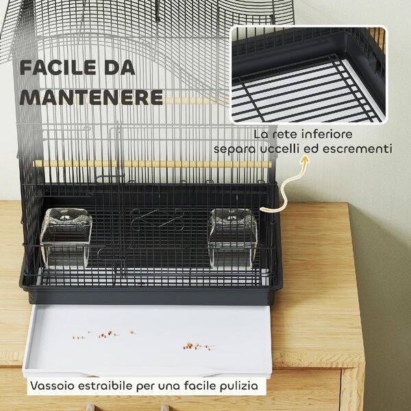 AllMyPets Gabbia per Uccelli a 4 Porte con 2 Ciotole, 2 Posatoi e Vassoio in Metallo e Plastica 47.5x36x54.5 cm colore Nero