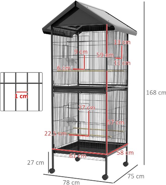 AllMyPets Gabbia per Uccelli a Rotelle con Vassoi Estraibili in Plastica e Posatoi in Metallo 71.8x71.8x170.2 cm colore Nero