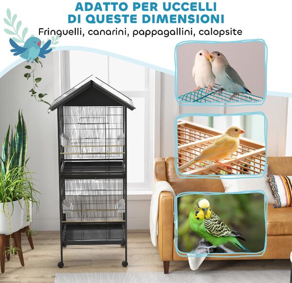 AllMyPets Gabbia per Uccelli a Rotelle con Vassoi Estraibili in Plastica e Posatoi in Metallo 71.8x71.8x170.2 cm colore Nero
