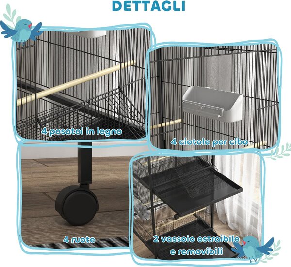 AllMyPets Gabbia per Uccelli a Rotelle con Vassoi Estraibili in Plastica e Posatoi in Metallo 71.8x71.8x170.2 cm colore Nero