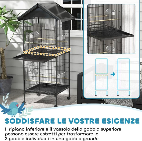 AllMyPets Gabbia per Uccelli a Rotelle con Vassoi Estraibili in Plastica e Posatoi in Metallo 71.8x71.8x170.2 cm colore Nero