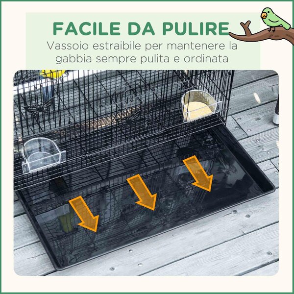 AllMyPets Gabbia per Uccelli con 2 Posatoi e 3 Ingressi in Filo Metallico e Plastica 60x41x41 cm colore Nero - R3825BK