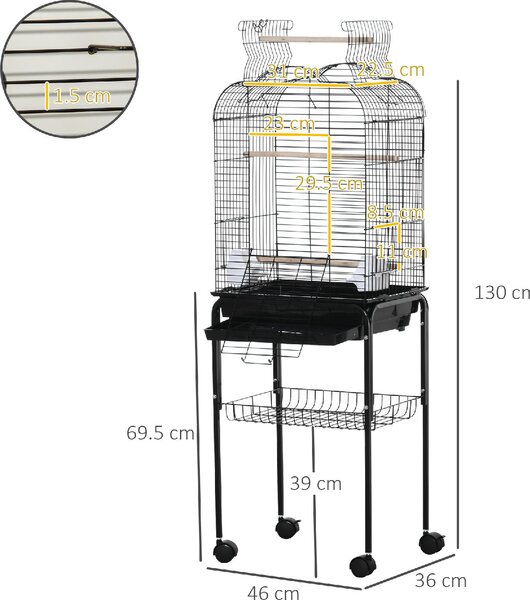 AllMyPets Gabbia per Uccelli con 3 Posatoi, 2 Ciotole e 2 Porte Laterali in Acciaio, PP e Legno 46x36x130 cm colore Nero - A89077AO10