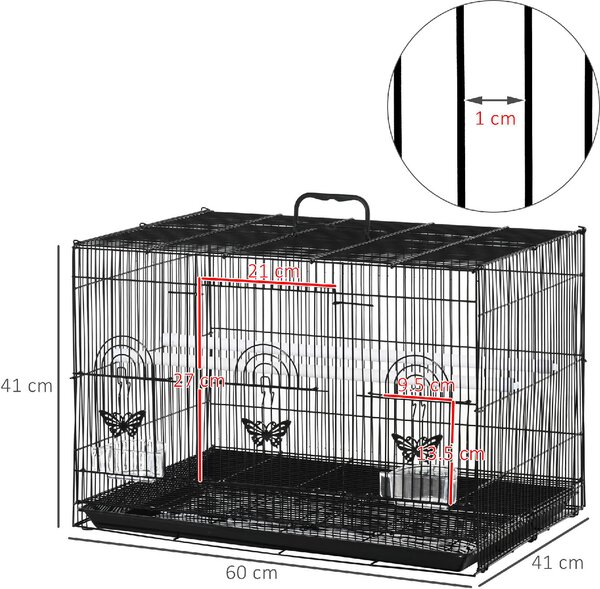 AllMyPets Gabbia per Uccelli con 2 Posatoi e 3 Ingressi in Filo Metallico e Plastica 60x41x41 cm colore Nero - R3825BK