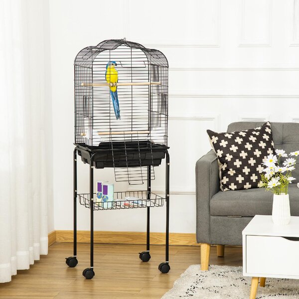 AllMyPets Gabbia per Uccelli con 3 Posatoi, 2 Ciotole e 2 Porte Laterali in Acciaio, PP e Legno 46x36x130 cm colore Nero - A89077AO10