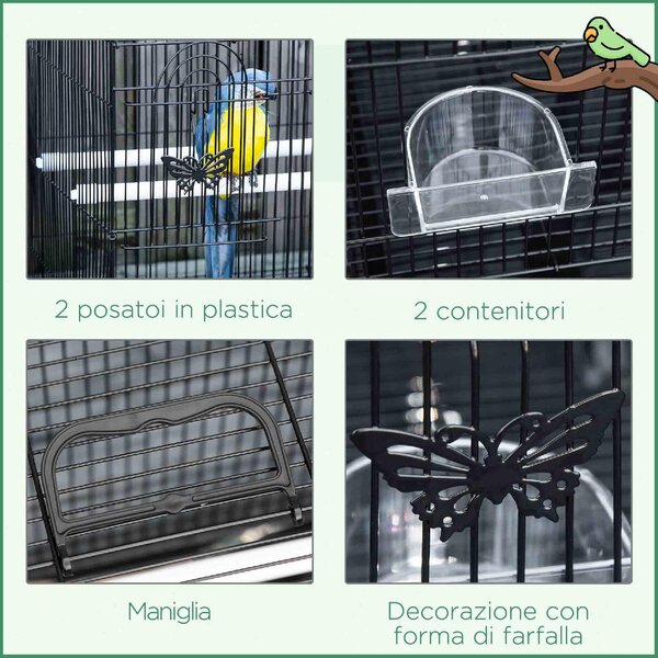 AllMyPets Gabbia per Uccelli con 2 Posatoi e 3 Ingressi in Filo Metallico e Plastica 60x41x41 cm colore Nero - R3825BK