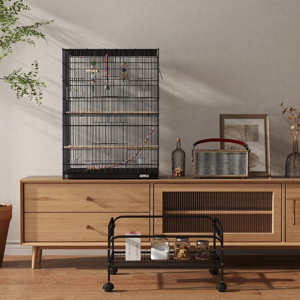AllMyPets Gabbia per Uccelli con Area Gioco, Ruote, Vassoio Estraibile e Mensola 64x45x110 cm colore Nero