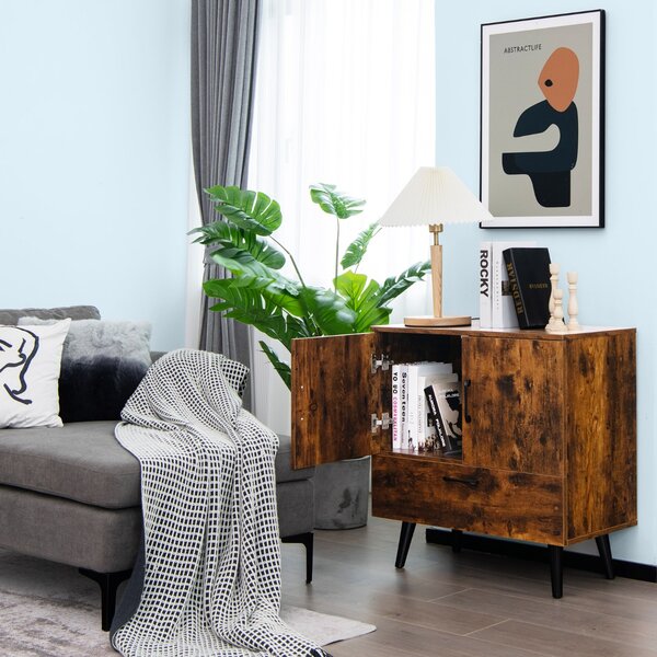 Costway Mobiletto portaoggetti moderno con 2 ante 1 cassetto e 4 gambe, Credenza da buffet da terra Marrone rustico