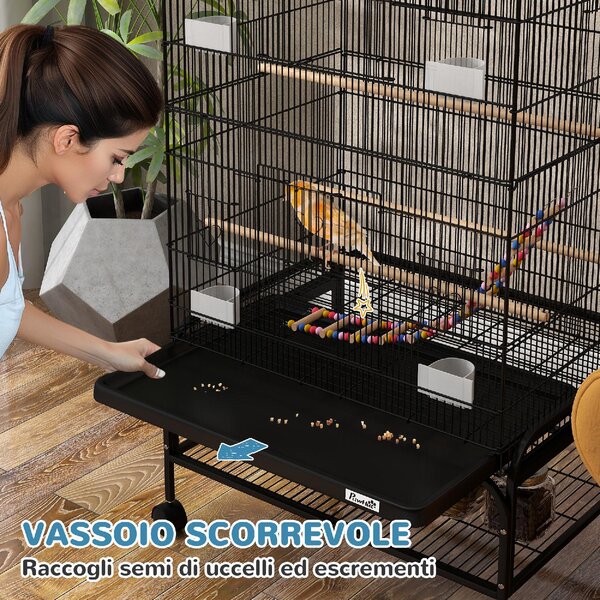 AllMyPets Gabbia per Uccelli con Area Gioco, Ruote, Vassoio Estraibile e Mensola 64x45x110 cm colore Nero