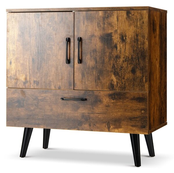 Costway Mobiletto portaoggetti moderno con 2 ante 1 cassetto e 4 gambe, Credenza da buffet da terra Marrone rustico