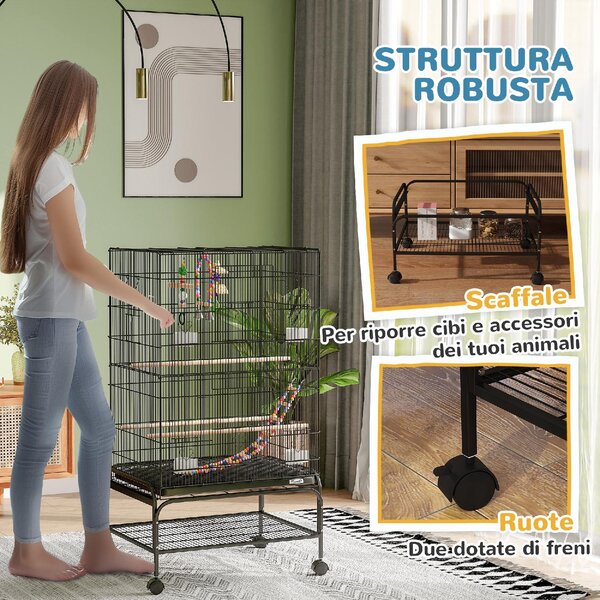 AllMyPets Gabbia per Uccelli con Area Gioco, Ruote, Vassoio Estraibile e Mensola 64x45x110 cm colore Nero