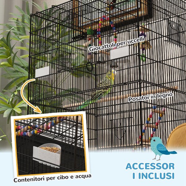 AllMyPets Gabbia per Uccelli con Area Gioco, Ruote, Vassoio Estraibile e Mensola 64x45x110 cm colore Nero