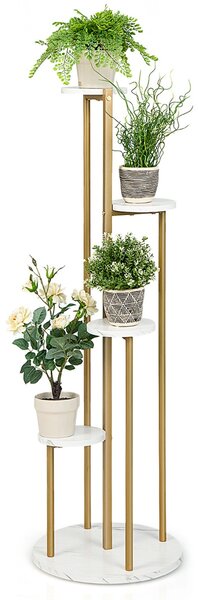 Costway Supporto per piante in metallo a 4 livelli, Scaffale per piccole piante con superficie in finto marmo Bianco