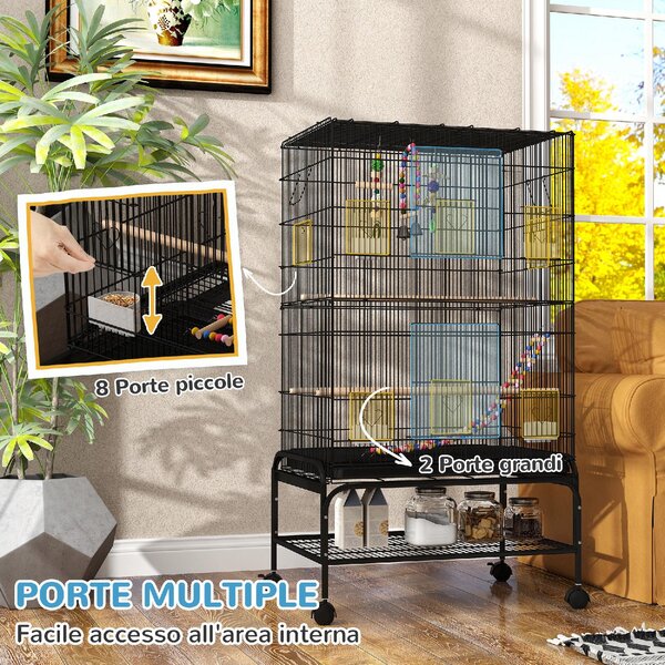 AllMyPets Gabbia per Uccelli con Area Gioco, Ruote, Vassoio Estraibile e Mensola 64x45x110 cm colore Nero