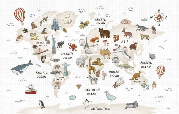 Carta da parati Mappa del mondo con gli animali, Carta da parati mappe del mondo, Carta da parati popolare, w04011 - Tapeko.it