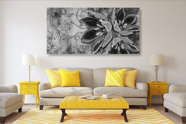 Quadro su tela – Fiori con perle in bianco e nero