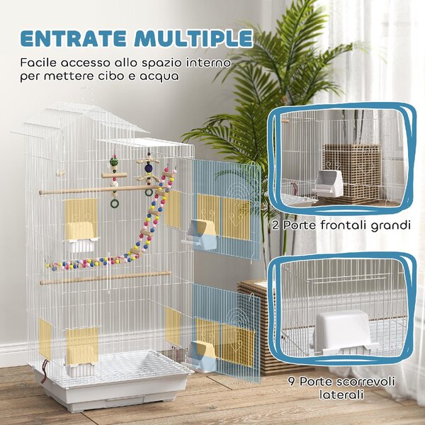 AllMyPets Gabbia per Uccelli con Maniglia e Porte Gabbietta con Altalena, Ciotole e Giochi 46x36x100 cm colore Bianco