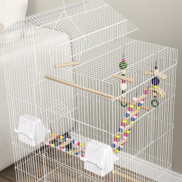 AllMyPets Gabbia per Uccelli con Maniglia e Porte Gabbietta con Altalena, Ciotole e Giochi 46x36x100 cm colore Bianco