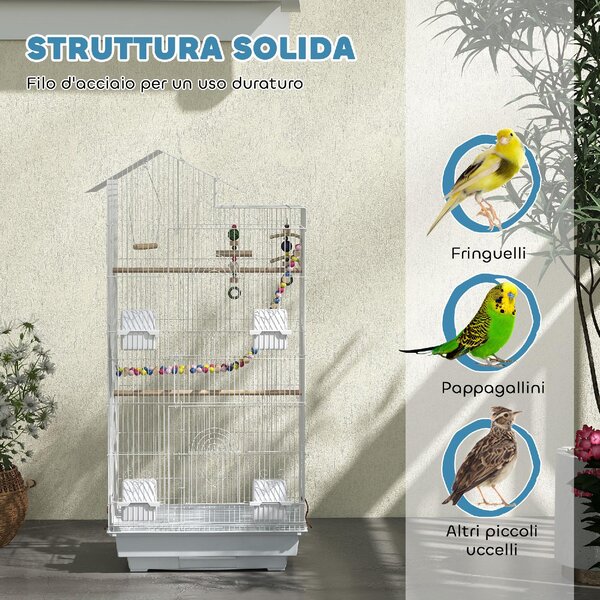 AllMyPets Gabbia per Uccelli con Maniglia e Porte Gabbietta con Altalena, Ciotole e Giochi 46x36x100 cm colore Bianco
