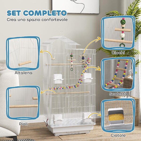 AllMyPets Gabbia per Uccelli con Maniglia e Porte Gabbietta con Altalena, Ciotole e Giochi 46x36x100 cm colore Bianco