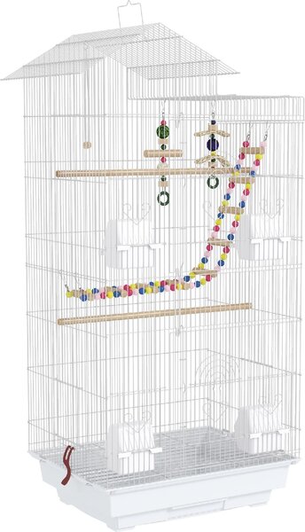 AllMyPets Gabbia per Uccelli con Maniglia e Porte Gabbietta con Altalena, Ciotole e Giochi 46x36x100 cm colore Bianco